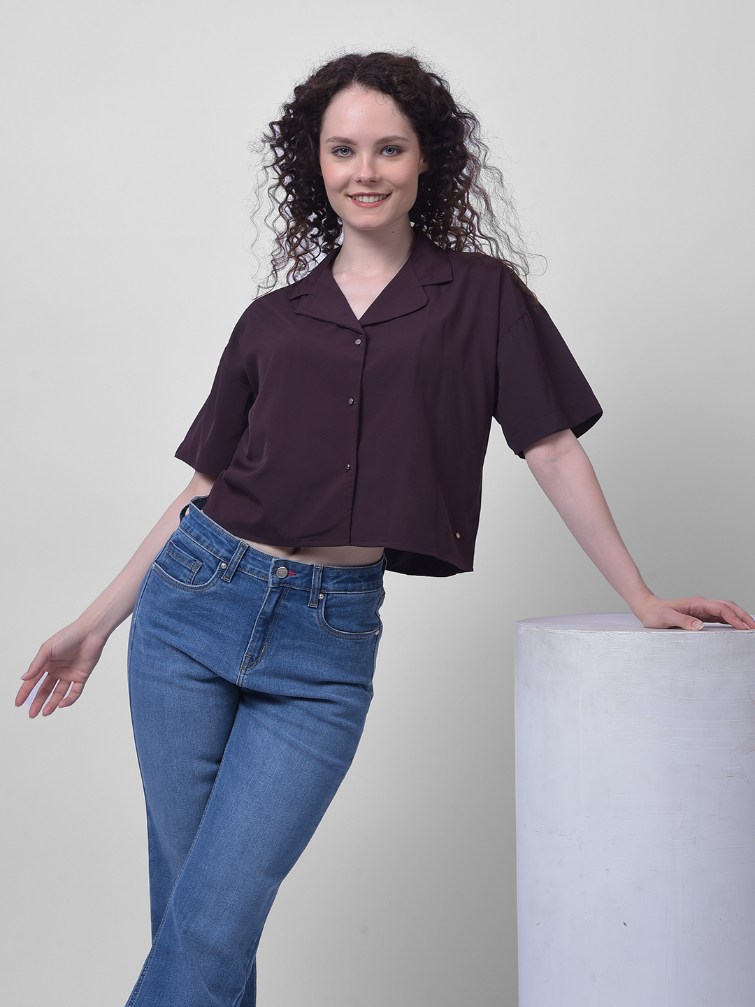 Numero Uno Women Purple Notch Collar Cropped Shirt